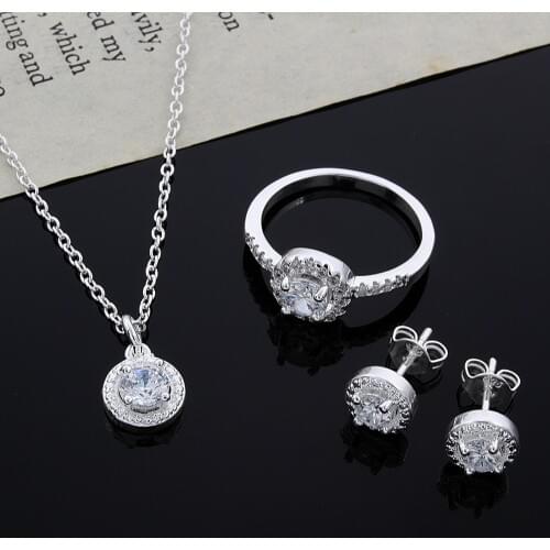 Wedding girl Christmas gift noble silver fashion elegant women shiny crystal CZ necklace earring ring jewelry Set JSH-CS01