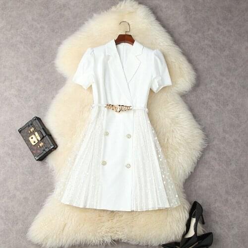 European and American womens wear for summer 2021 Short sleeve double-breasted spliced mesh Fashionable Belt Dress