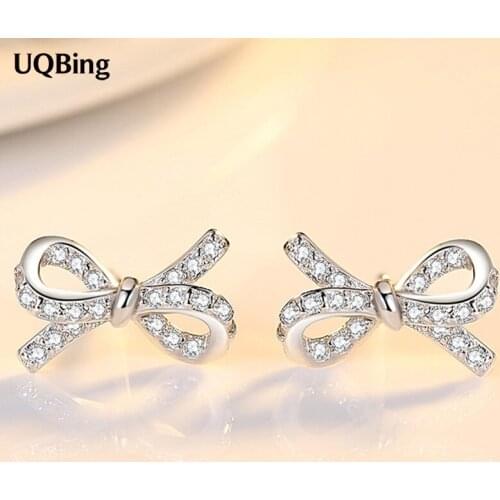 Fashion Women 925 Sterling Silver Full CZ Zircon Bowknot Stud Earrings 2020 New Jewelry