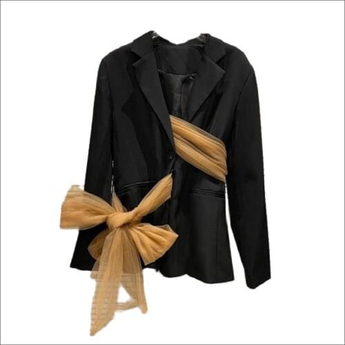 Mesh Bow Blazers for Women Elegant Stitching Suit Blazer Single Breasted Long Sleeve Ladies Black Suits Womens Clothing 2021