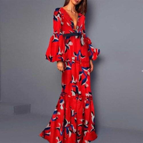Plus Size 2019 Women Summer Vintage Elegant Party Night Dresses Sexy V Neck Casual Long Sleeve Maxi Print Fashion Dress