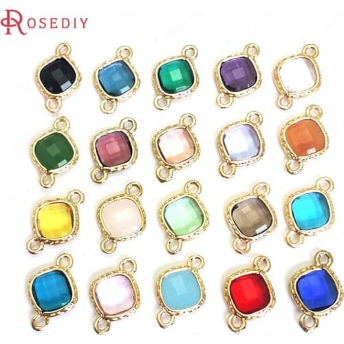 10PCS 16x10MM 24K Champagne Gold Color Brass and Glass 2 Holes Square Connect Charms Pendants Diy Jewelry Findings Accessories