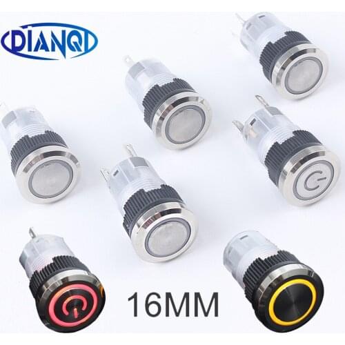 16mm Meatal Push Button 1NO1NC with LED Light Waterproof Flat Circular 3-6V 12-24V 220V Momentary Latching PC Power Switches