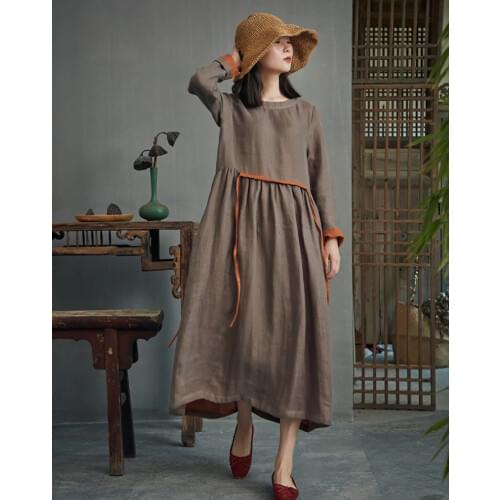 19 Spring Double-Layer Linen Long Sleeve Drawstring Dress 17393-61
