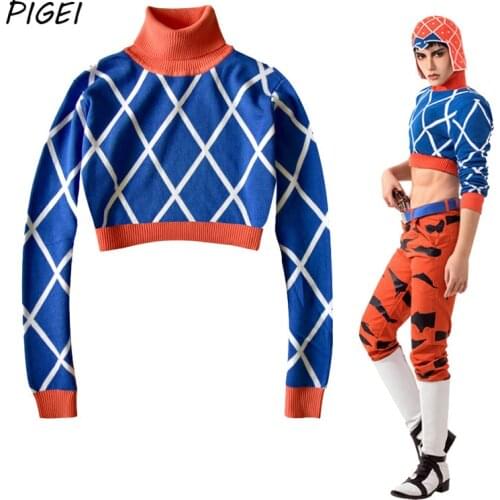 Anime JoJos Bizarre Adventure Cosplay Sweatshirts Halloween Guido Mista Uniforms Knitted Sweater Belt Hat for Women Mens