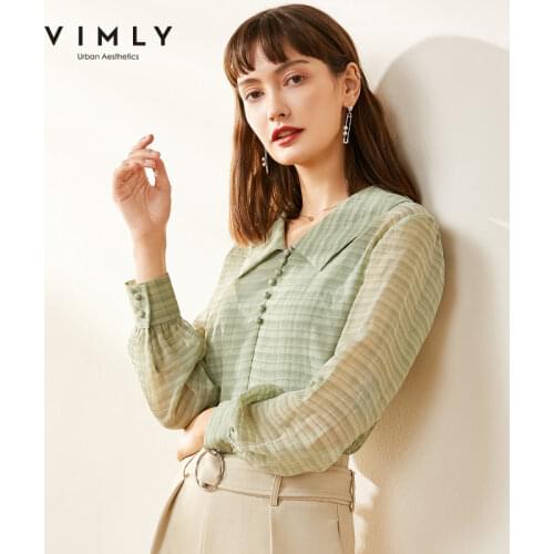 Vimly Women Blouse Vintage Turn Down Collar Solid Long Sleeve Autumn Clothing Elegant Female Blusas F0102
