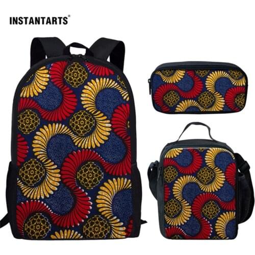 INSTANTARTS 3pcs School Bags Ladies African Traditional Pattern Primary School Backpacks Satchel Schoolbag Rucksack Women Men
