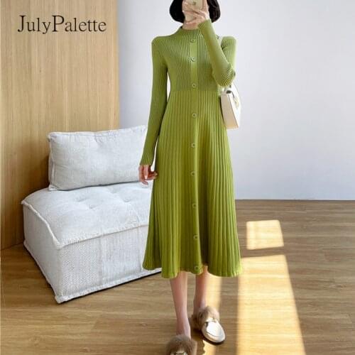 JulyPalette Fashion Solid Knitted Dress Women Full Sleeve Button Slim A-line Vestidos Fall Winter Korean Elegant Midi Dresses
