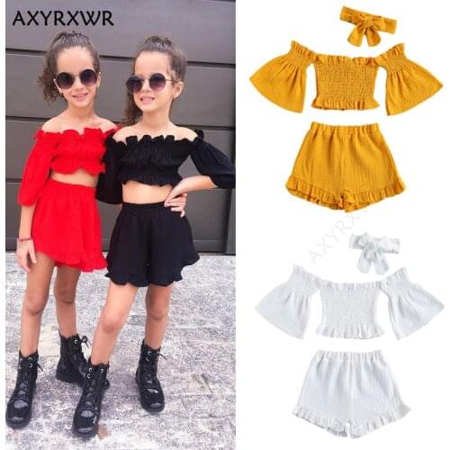 1-6Years Fashion Kids Girls Casual Clothes Summer Children Off Shoulder Flare Sleeve Crop Tops+Ruffles Shorts+Headband Outfits