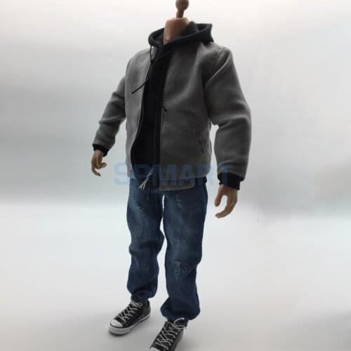 1/6 Scale Mens Clothes Gray Bomber Jacket Hoodie Jeans Hat Canvas Shoes Set for 12'' Male Action Figure Accessories