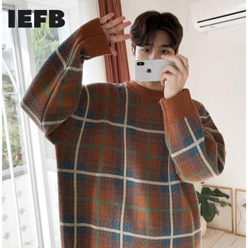 IEFB Mens Vintage Plaid Color Block Patchwork Pullover Sweater 2020 Korean Fashion Loose O-neck Long Sleeve Kinttwear Tops 3246