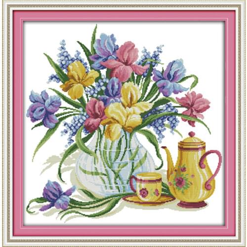 Flowers and kettle cross stitch kit aida 14ct 11ct count printed canvas stitches embroidery DIY handmade needlework