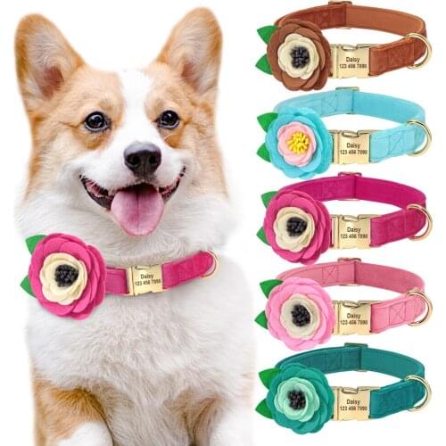 Cute Flower Dog Collar With Engraved ID Tag Buckle Personalized Floral Dogs Cat Collars Small Medium Large Dogs Cats Necklace