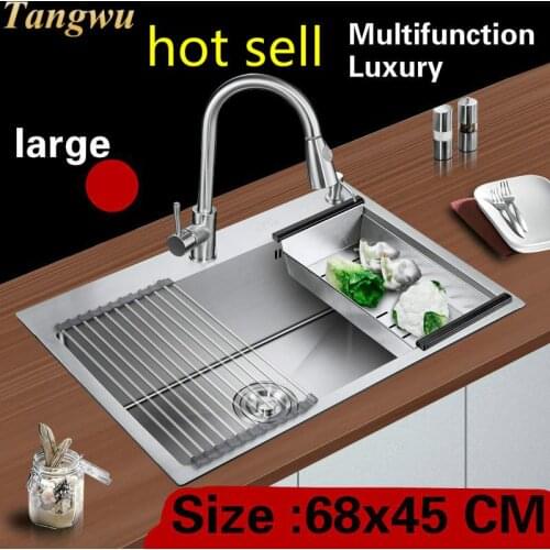 Free shipping Apartment kitchen manual sink single trough stretch faucet do the dishes 304 stainless steel hot sell 68x45 CM
