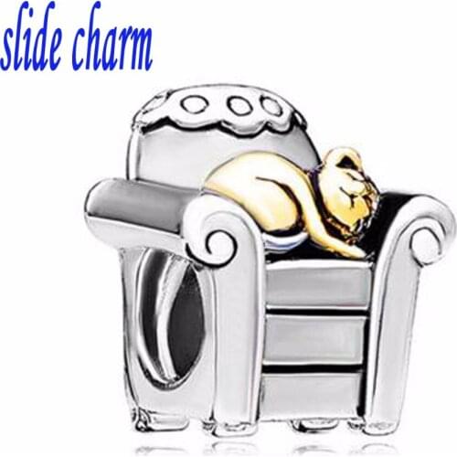 Slide charm Free shipping animal gold cat sofa sleeper charm beads fit Pandora bracelet
