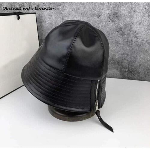 Obsessed with lavender.Fishermans Hat Female Japanese Fall/Winter Hat Zipper PU Leather Black Hat Male Spring Korean Style