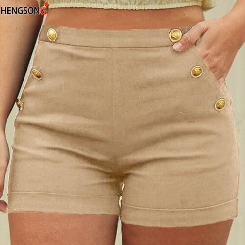 Summer Women Casual Shorts 2XL New Lady Female Casual Summer Shorts Pocket Buttons High Wasit Shorts Solid Black Khaki Navy