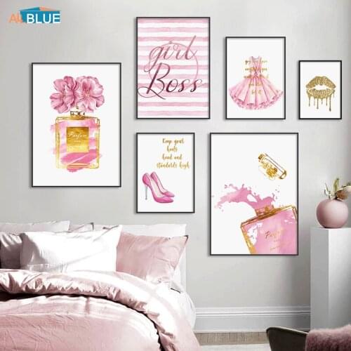 Modern Pink Flower Perfume Fashion Poster Wall Art Woman Dress Canvas Print Painting Gift For Girl Room Home Decoration Pictures