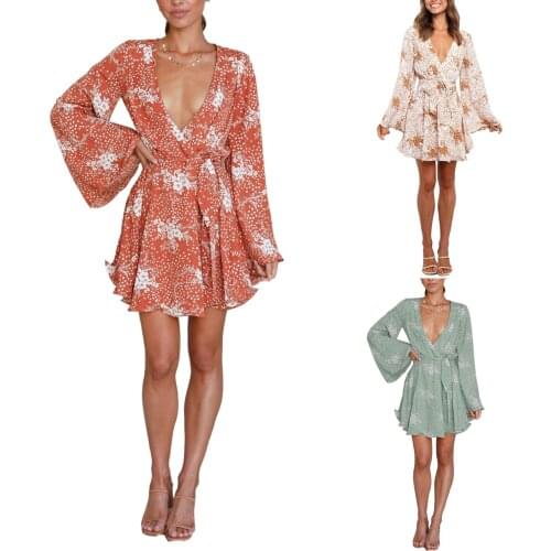 V Of New Type Female Gets Skirt Of Flared Sleeve Of Floral Print Of Sexy Tie Skirt Flower Recreational Dress