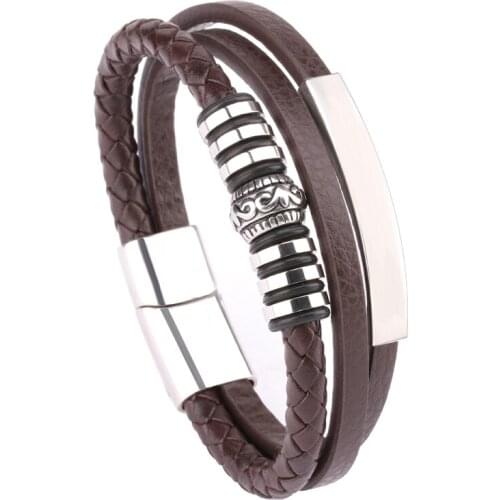 Vanbula Retro Punk Fashion Pattern Casting Accessories Woven Stainless Steel Charm Mens Leather Cord Bracelet Jewelry
