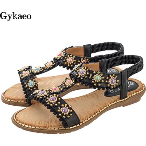 Gykaeo Bohemian Style Casual Womens Sandals 2020 Female Fashion Round Toe Crystal Flat Bottom Beach Shoes Women Summer Sandals