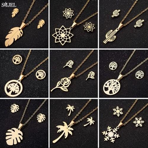 SMJEL Stainless Steel Necklaces for Women Vintage Fashion Bohemian Flower Life Tree Feather Snowflake Necklace Earings Jewelry