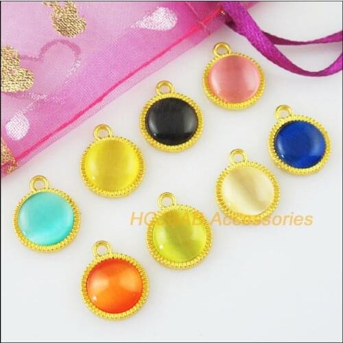 Fashion 16Pcs Gold Color Flower Round Mixed Stone Charms Pendants 12.5x15mm