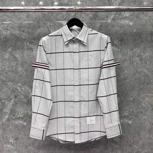 2021 Fashion TB THOM Brand Shirts Men Slim Long Sleeve Casual Plaid Shirt Turn Down Collar Oxford Cotton Striped Mens Clothing