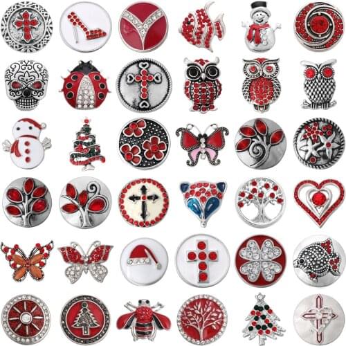6pcs/lot Rhinestone Snap Button 18mm 20mm Red Color Cross Owl Fish Tree Butterfly Flower Button Snaps Fit Snap Jewelry DIY