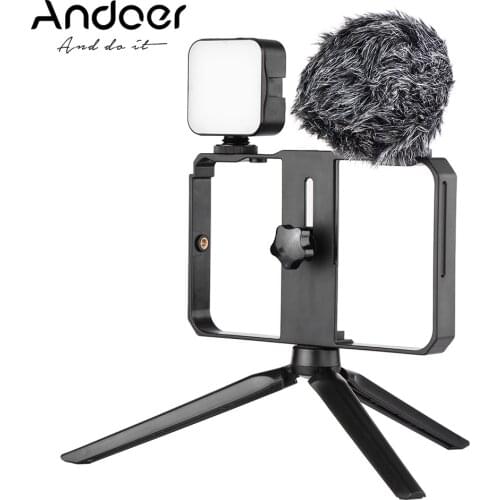 Andoer Smartphone Video Cage Kit with Mini LED Fill Lights Microphone Shock Mount Wind Screen Tripod Stand for Phone Video Live