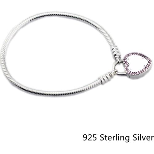 CKK 925 Sterling Silver Lock Your Promise Bracelet, Fancy Fuchsia Pink Jewelry Fits For Beads And Charms