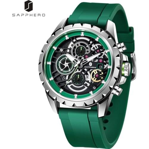 SAPPHERO Mens Watch 100M Waterproof Stainless Steel Chronograph Luxury Brand Military Silicone Wristwatch Casual Fashion Gift