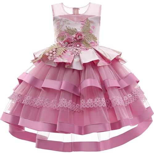 2021 Flower Kids Cake Dress For Girl Children Costume Prom Party Lace Princess Dresses Girls Vestido Embroidery Gown Sleeveless