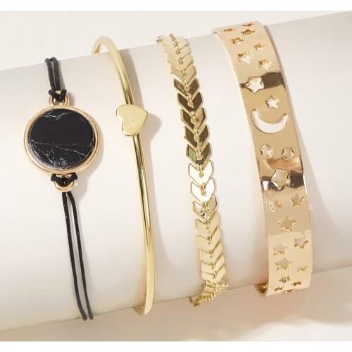 Docona 4pcs Korean Star Moon Hollow Out Bracelet Set for Women Fashion Love Heart Stone Opening Bangle Ladies Wedding Jewelry