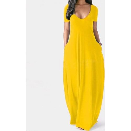 Elegant Women Dress Deep V-neck Short Sleeve Thin Solid Color A-Line Maxi Dress Streetwear Loose Dress robeVestidos robe femme