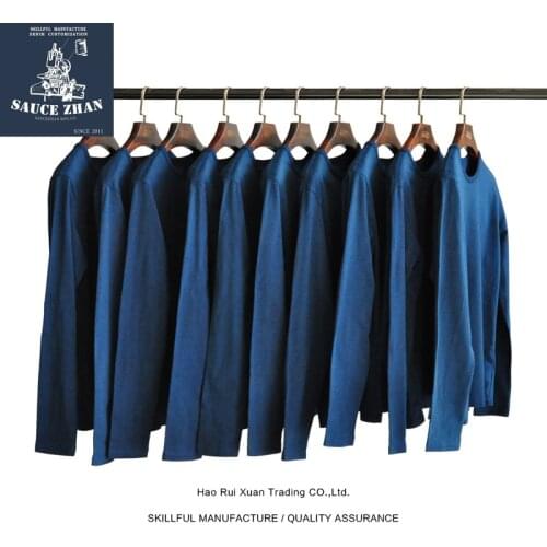 SauceZhanPlant indigo staining t shirt Men and Women Autumn and Winter Full T-shirt Mens t shirt Solid O-Neck Cotton Casual