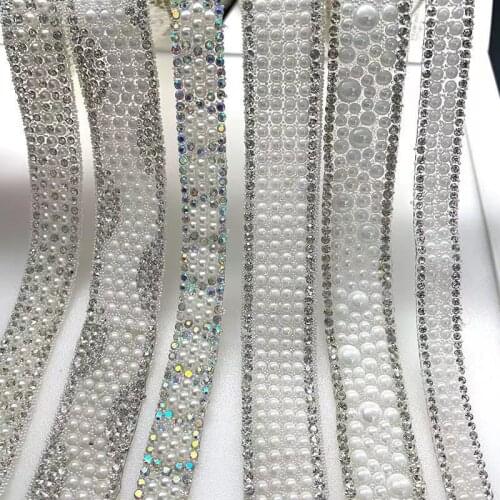 Hotfix Pearl Diamond Crystal Ribbon Trimming Rhinestone Chain Tape Fabric Applique Banding for Accessories