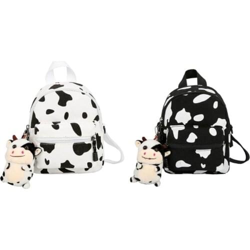 Mini Canvas Daypack with Plush Pendant Cow Print Backpack for Women Lady Girls Outdoor Travel Shopping Shoulder Bag Bookbag