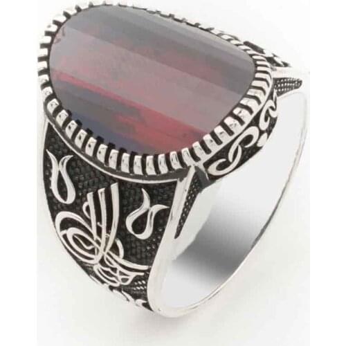 Red Zircon Stone Tuğra a Detailed Silver Men 'S Ring