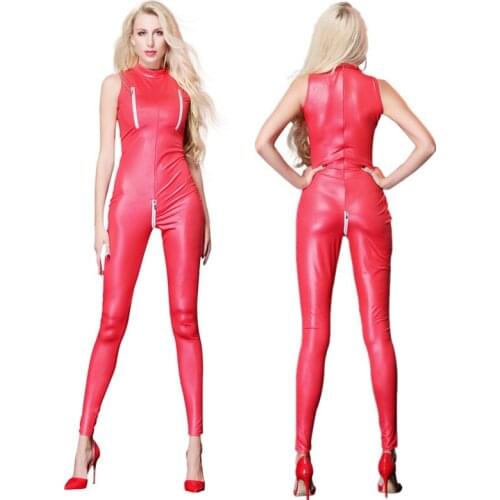 M-XXL New Women Red Sexy zipper Open Crotch Catsuit Wetlook Shiny PU Leather Dance Clubwear Jumpsuit