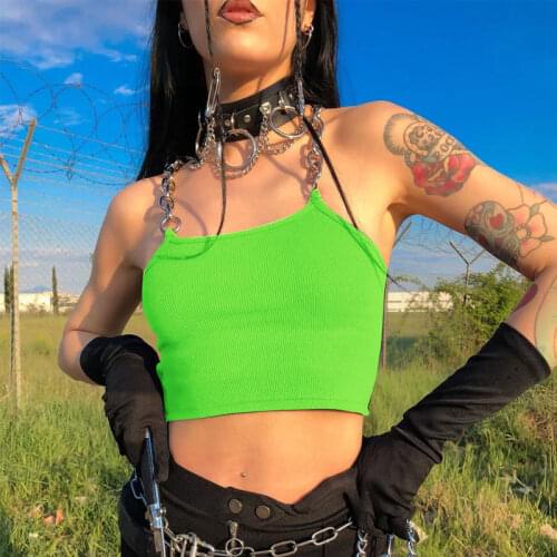 Metal Chain Straps Sexy Cropped Tank Top Camis Women Streetwear Club Crop Top Summer Vest Fashion Halter Top Ribbed Knitting