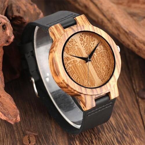 Engraved Life Tree Design Wooden Watch Mens Quartz Black Genuine Leather Watch Band Clock Wood Man Clock relogio masculino