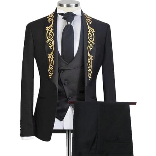Latest Coat Pant Designs Party Men Suits Formal Groom Gold Embroidery Lapel Black Suit Slim Fit Mens Tuxedo Wedding Suit For Men
