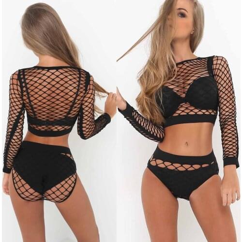2021 New Sexy Women See through Hollow out Perspective Sheer Mesh Fishnet Tee Bodycon Long Sleeve Tops Beach T Shirt