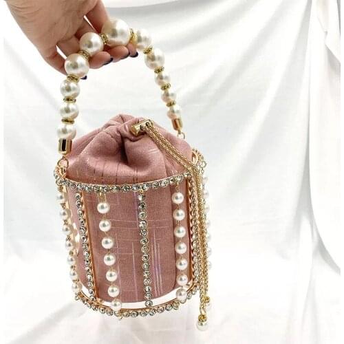 Charming Women Luxury Rhinestone Bucket Clutch Bags Fashion Ladies Pearl Clutch With Metal Chain Cage Pearl Bucket Handbag