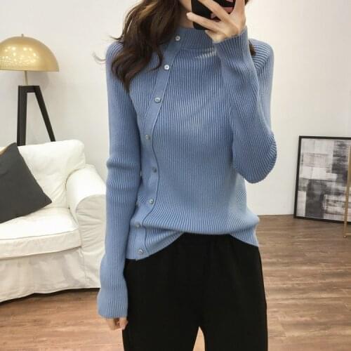Solid color half high collar sweater womens autumn and winter elastic top long sleeve sweater vintage sweater cardigan