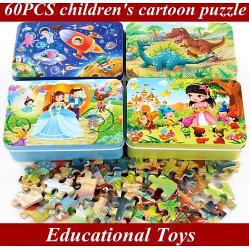 New 60 Pieces Wooden Puzzle Educational Toys For Children Cartoon Animal Wood Puzzles Kids Baby Christmas Gift With Iron Box