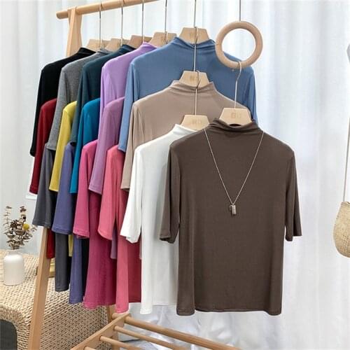 Casual Turtleneck Women Cotton Shirts Summer Autumn Simple Solid Tops Female Tops Half Sleeve Ladies Shirts Plus Size M-8XL