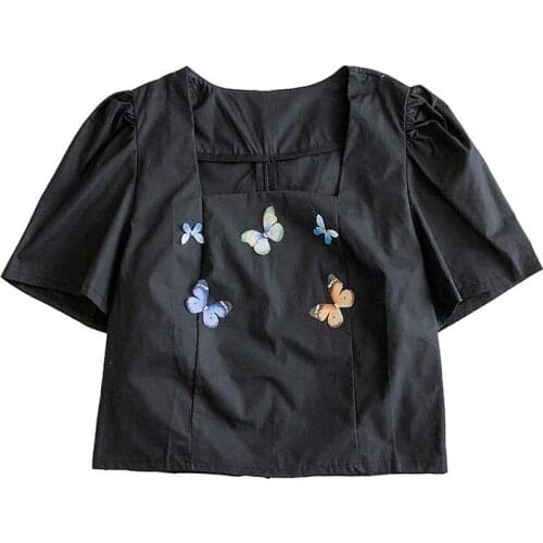 PERHAPS U Women Shirt Solid Short Sleeve Puff Sleeve Summer Slash Neck Short Cropped Butterfly 3D B0606