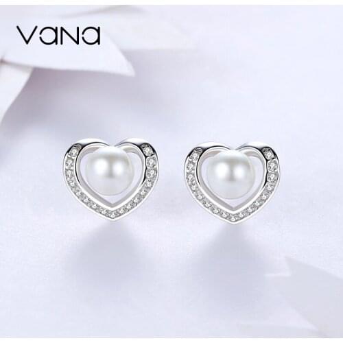 VANA Pearl Heart Stud Earrings for Women 925 Sterling Silver Stud Earrings Pearl Earrings for Gift
